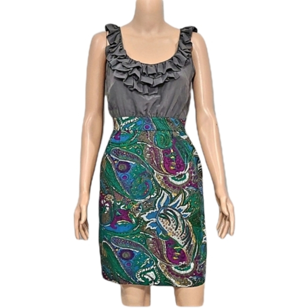 Maeve Anthropologie Sleeveless Ruffle Paisley Sheath Dress Silk  Sz 2 Gray Green
